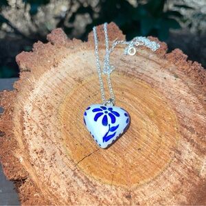 Angel caller necklace ~ antique hand painted heart with silver finishes